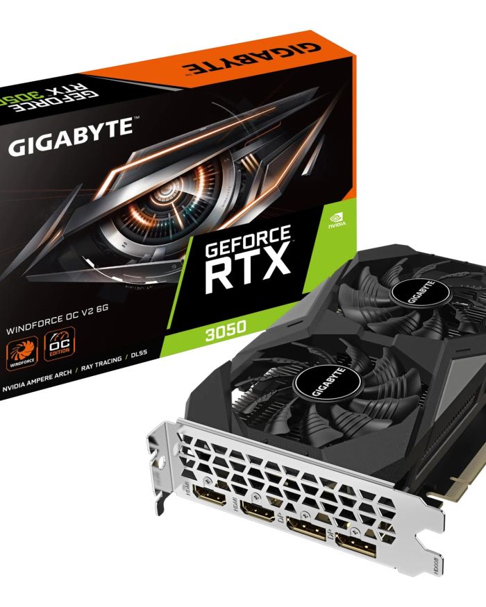 Graphics Card|GIGABYTE|NVIDIA GeForce RTX 3050|6 GB|GDDR6|96 bit|PCIE 4.0 16x|Memory 14000 MHz|GPU 1477 MHz|2xHDMI|2xDisplayPort|GV-N3050WF2OCV2-6GD