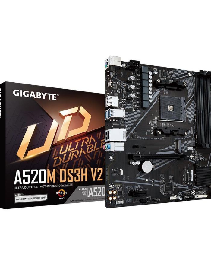 Mainboard|GIGABYTE|AMD A520|SAM4|Micro-ATX|Memory DDR4|Memory slots 4|1xPCI-Express 3.0 1x|1xPCI-Express 3.0 16x|1xM.2|1xHDMI|1xDisplayPort|2xUSB 2.0|4xUSB 3.2|1xPS/2|1xRJ45|3xAudio port|A520MDS3HV2