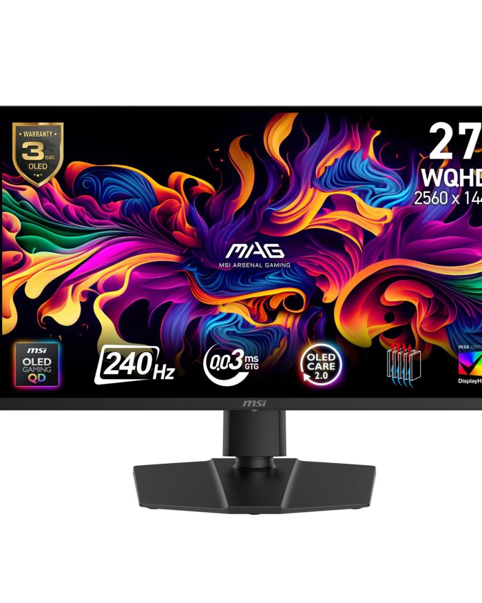 Monitor|MSI|MAG 271QP QD-OLED X24|26.5″|Gaming|Swivel|Pivot|Height adjustable|Tilt|Matte|Panel QD-OLED|2560×1440|16:9|240 ??|0.03 ms|Colour Black|MAG271QPQDOLEDX24